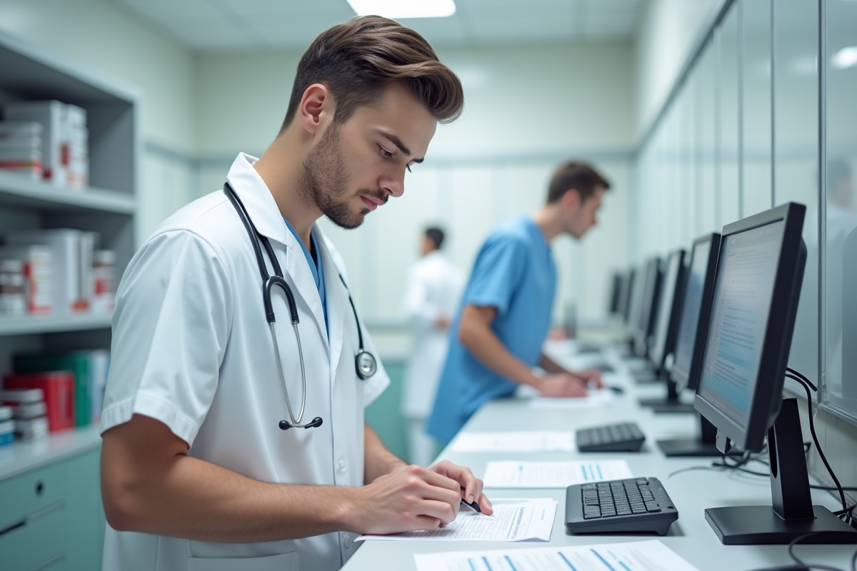 Jeune infirmier au poste de travail en milieu hospitalier