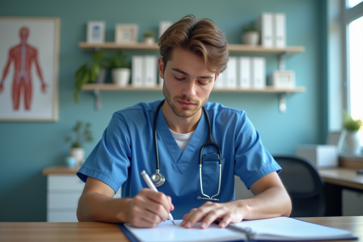 Jeune infirmier prenant des notes dans un cabinet médical