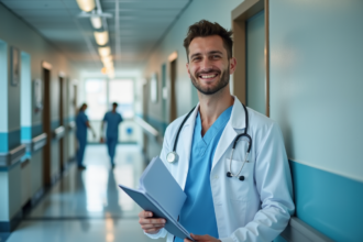 Jeune medecin souriant dans un couloir d'hopital