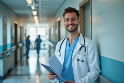 Jeune medecin souriant dans un couloir d'hopital