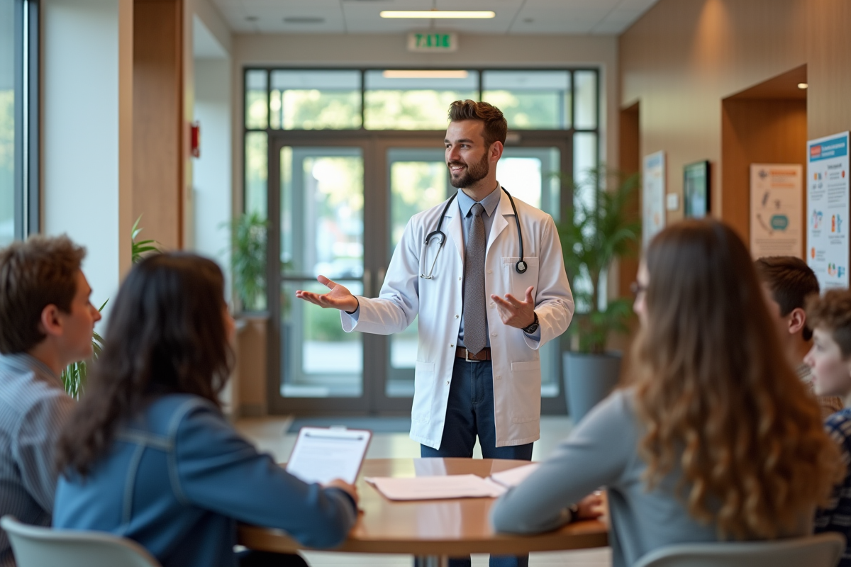 Médecin discutant avec des adolescents dans un centre de santé