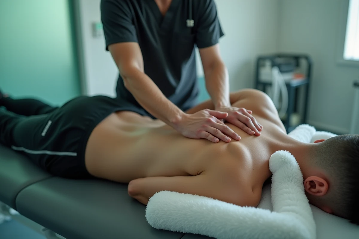 Physiothérapeute effectuant un massage thérapeutique du trapèze sur un jeune homme allongé dans une clinique de rééducation