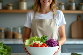 Femme préparant un grand bol de légumes crus faibles en calories et rassasiants dans une cuisine maison
