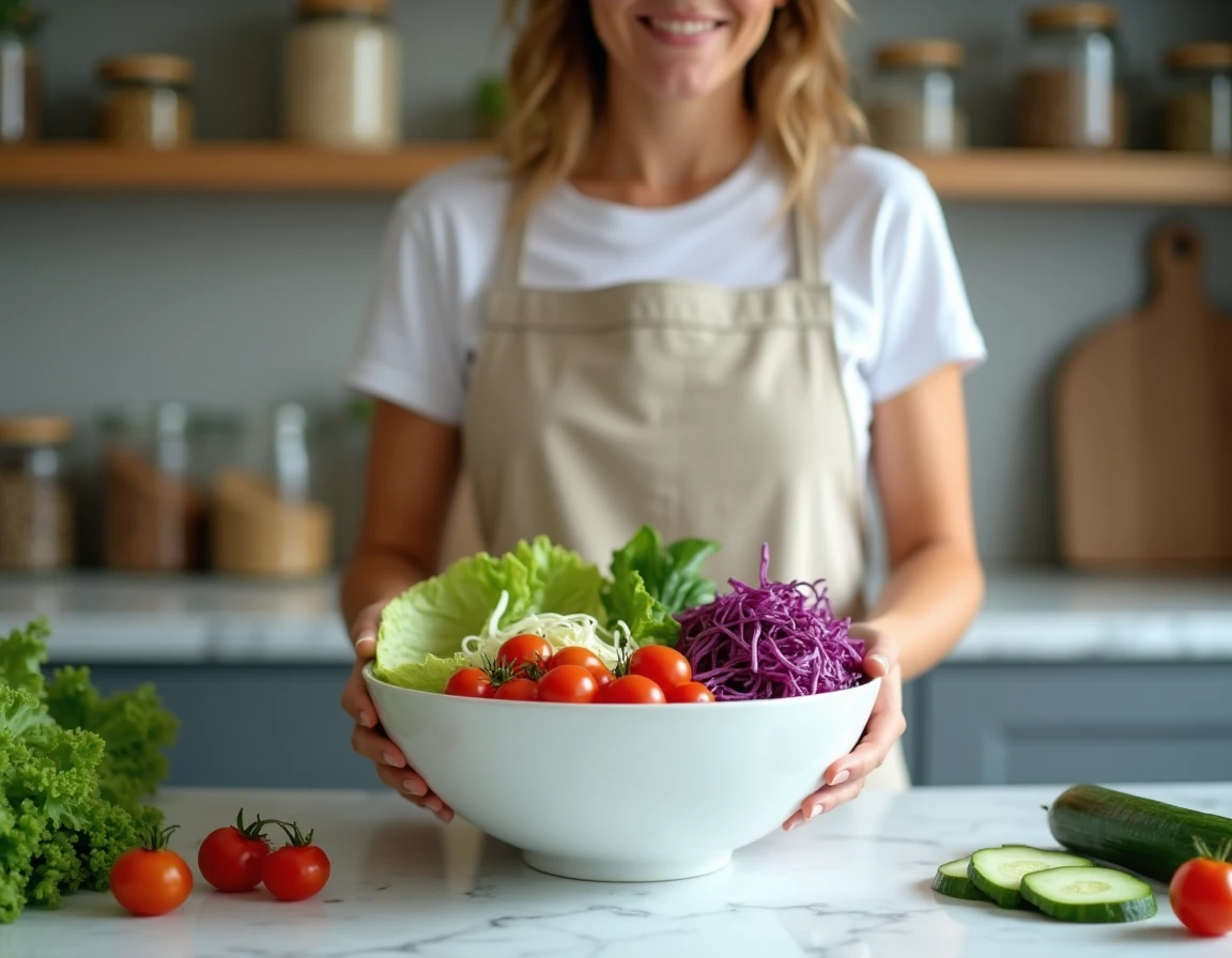 Femme préparant un grand bol de légumes crus faibles en calories et rassasiants dans une cuisine maison