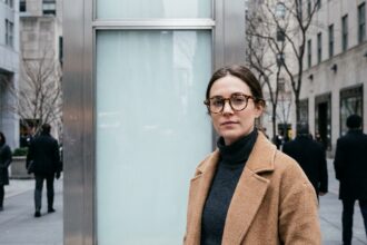 Femme portant des lunettes oversize en écaille de tortue devant une vitrine hivernale à Saint-Quentin-en-Yvelines