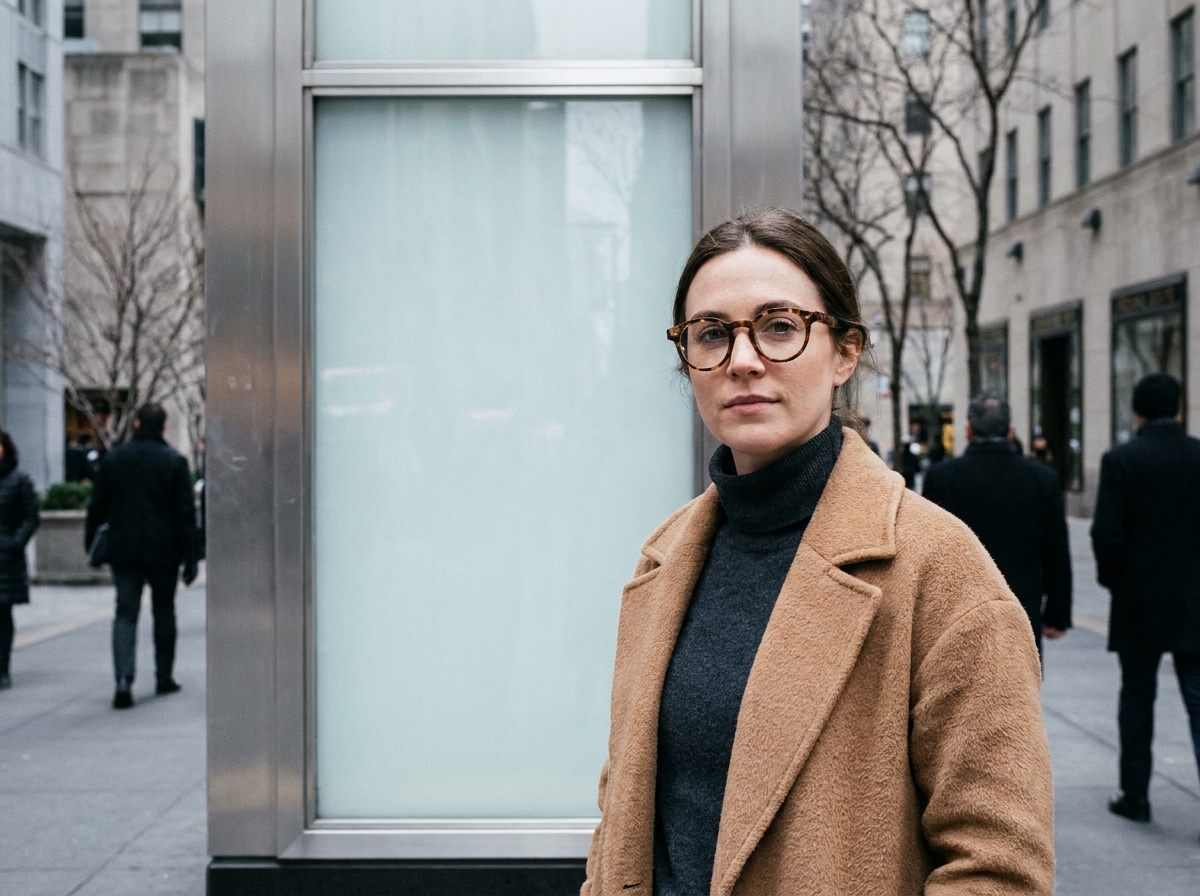 Femme portant des lunettes oversize en écaille de tortue devant une vitrine hivernale à Saint-Quentin-en-Yvelines
