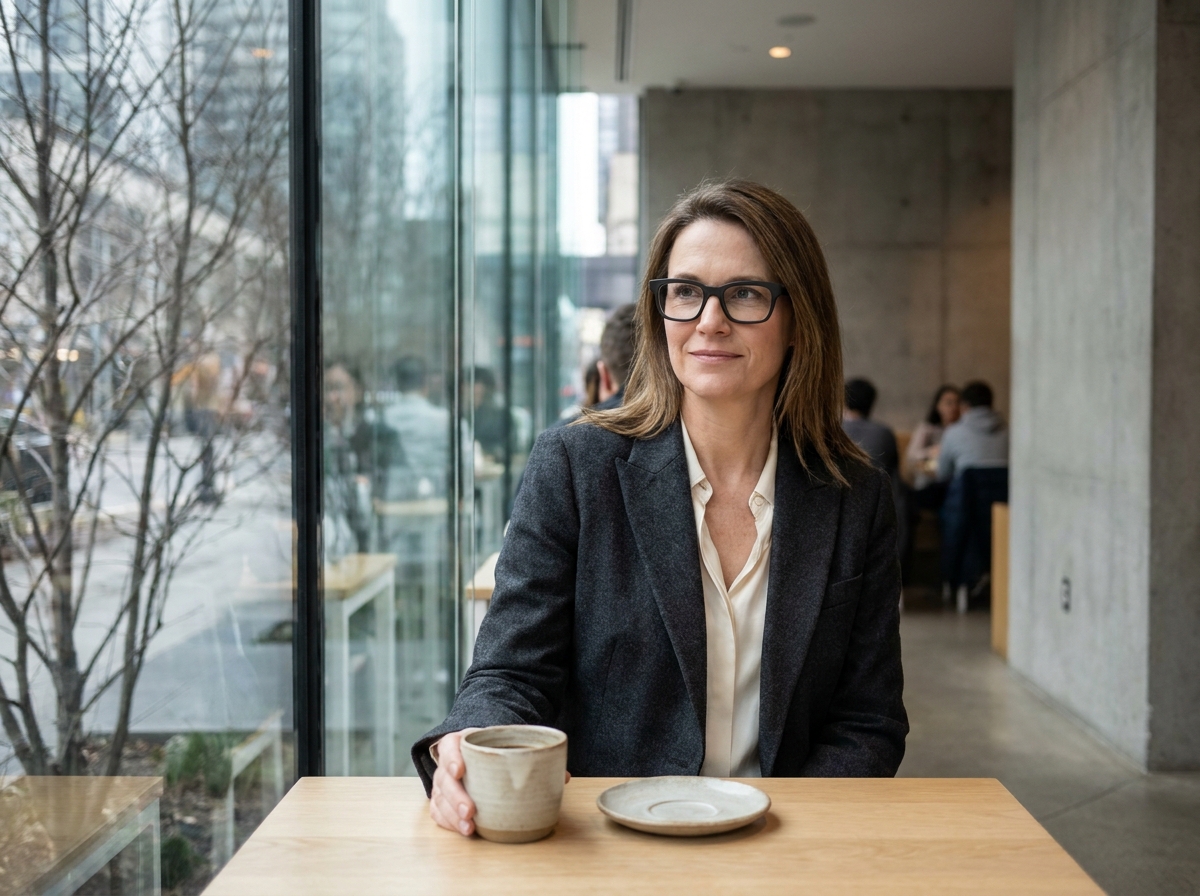 Femme avec des lunettes rectangulaires noires modernes dans un café contemporain en hiver