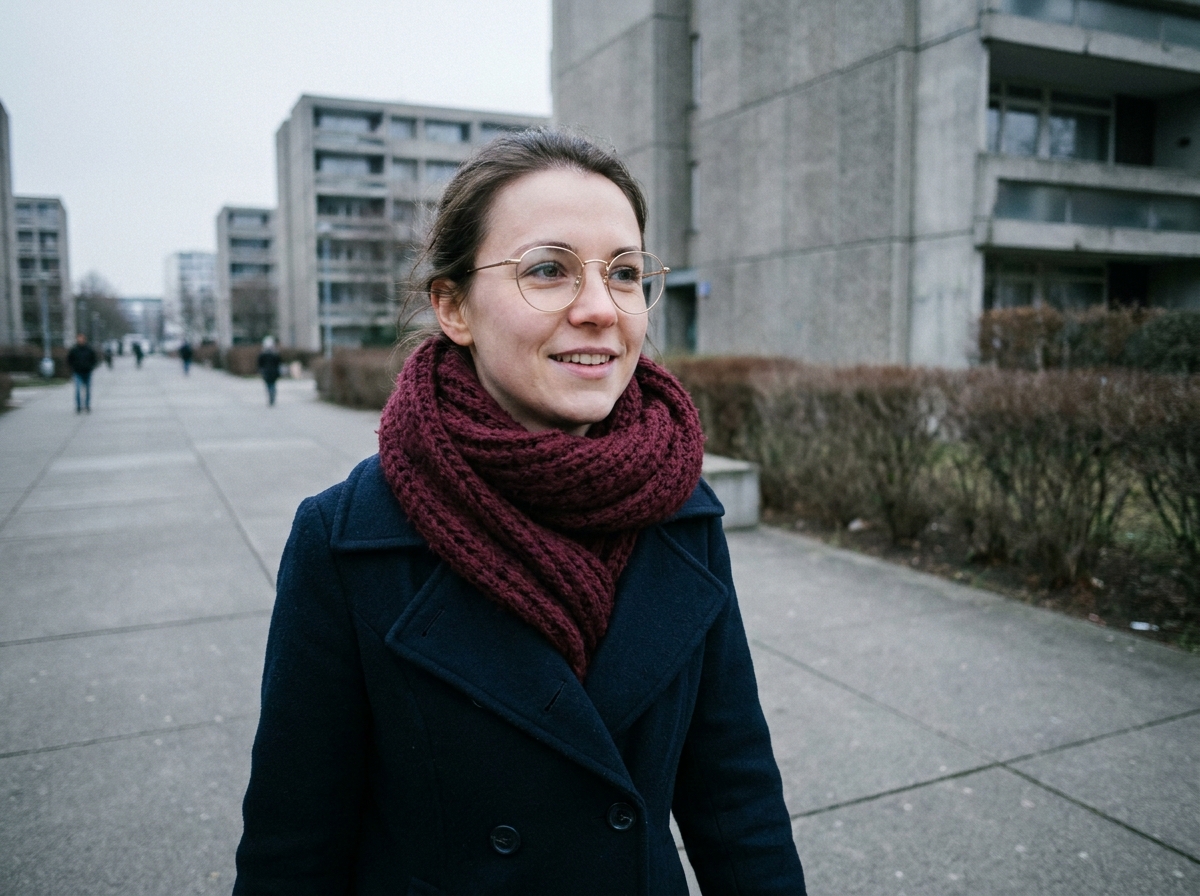 Jeune femme en lunettes dorées rondes se promenant sur une esplanade urbaine hivernale de Saint-Quentin-en-Yvelines