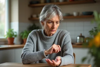 Femme d'âge moyen se grattant la main gauche à table, air préoccupé, contexte médical domestique