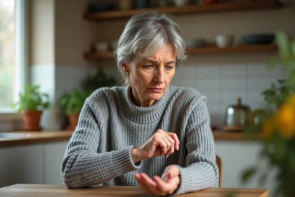 Femme d'âge moyen se grattant la main gauche à table, air préoccupé, contexte médical domestique