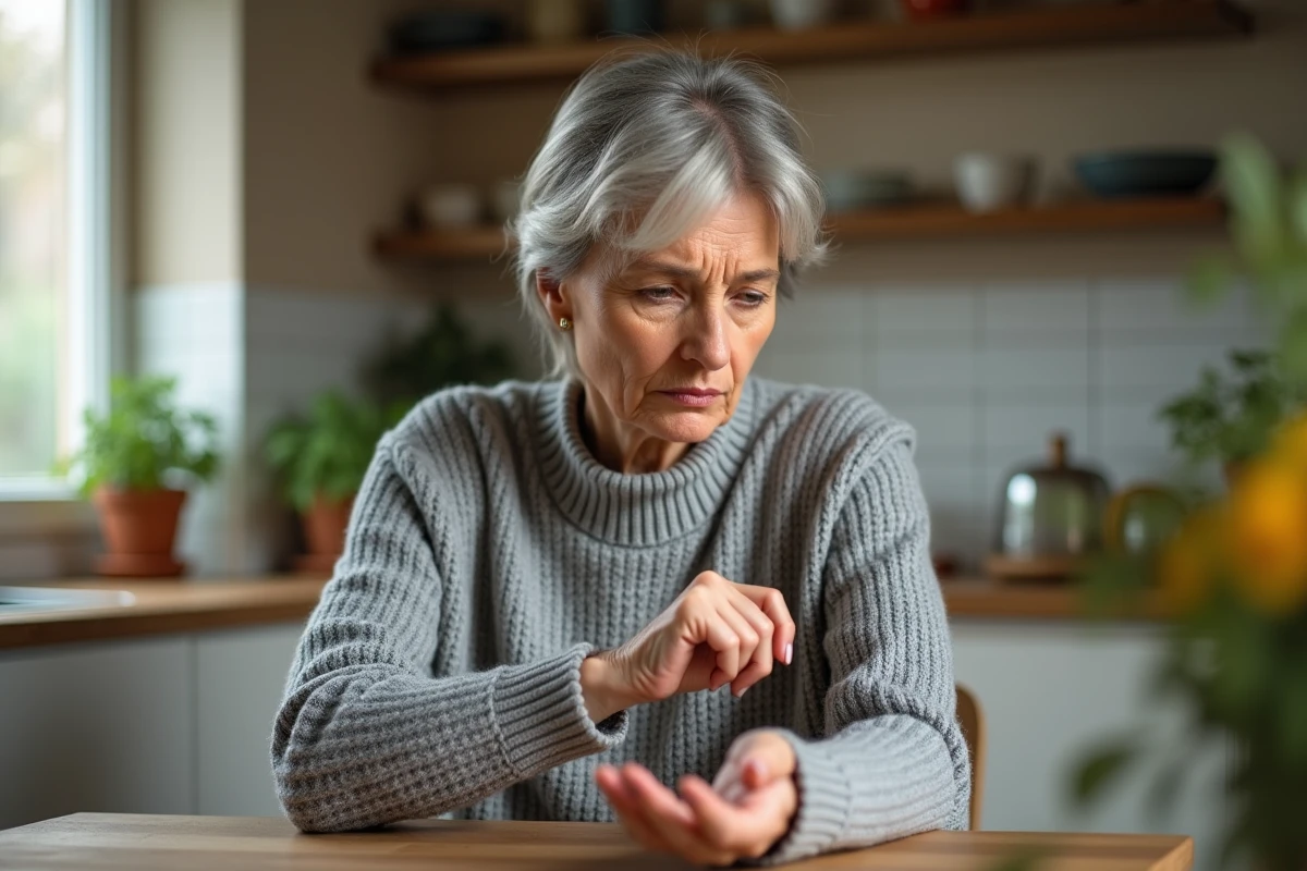 Femme d'âge moyen se grattant la main gauche à table, air préoccupé, contexte médical domestique