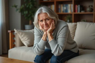 Femme ressentant un malaise assis sur un canapé, main sur la poitrine, dans un salon moderne