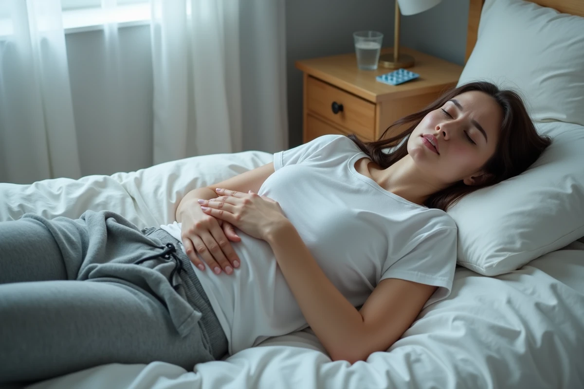 Femme allongée sur un lit ressentant un malaise avec des médicaments posés sur la table de nuit