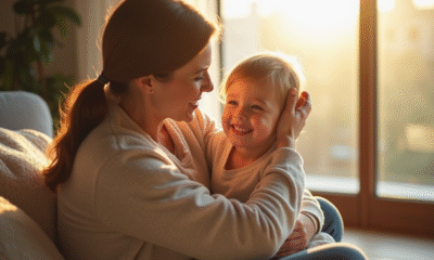 Maman et enfant souriant dans un salon lumineux