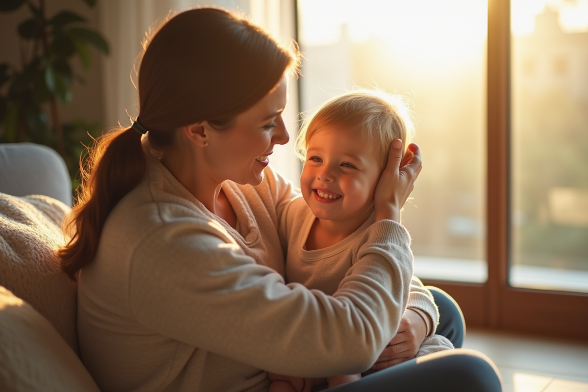 Maman et enfant souriant dans un salon lumineux