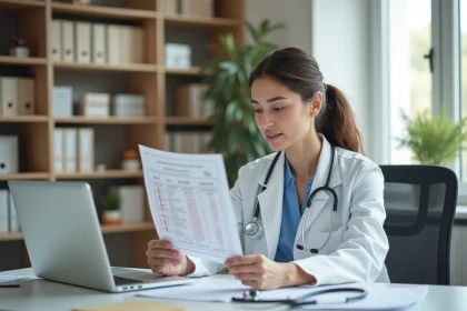 Médecin femme analysant un bilan sanguin avec des leucocytes élevés dans son cabinet médical