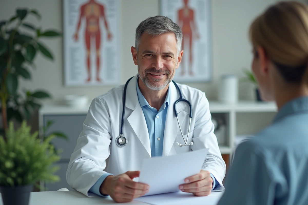 Médecin en consultation expliquant un diagnostic médical à un patient, illustrant l'importance d'un avis professionnel face aux images de cancer en ligne