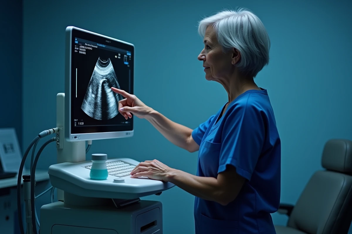 Médecin gynécologue analysant une échographie de la région inguinale sur un écran d'imagerie médicale