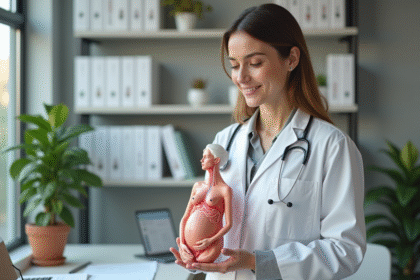 Medecin femme expliquant la fonction du placenta avec modele anatomique