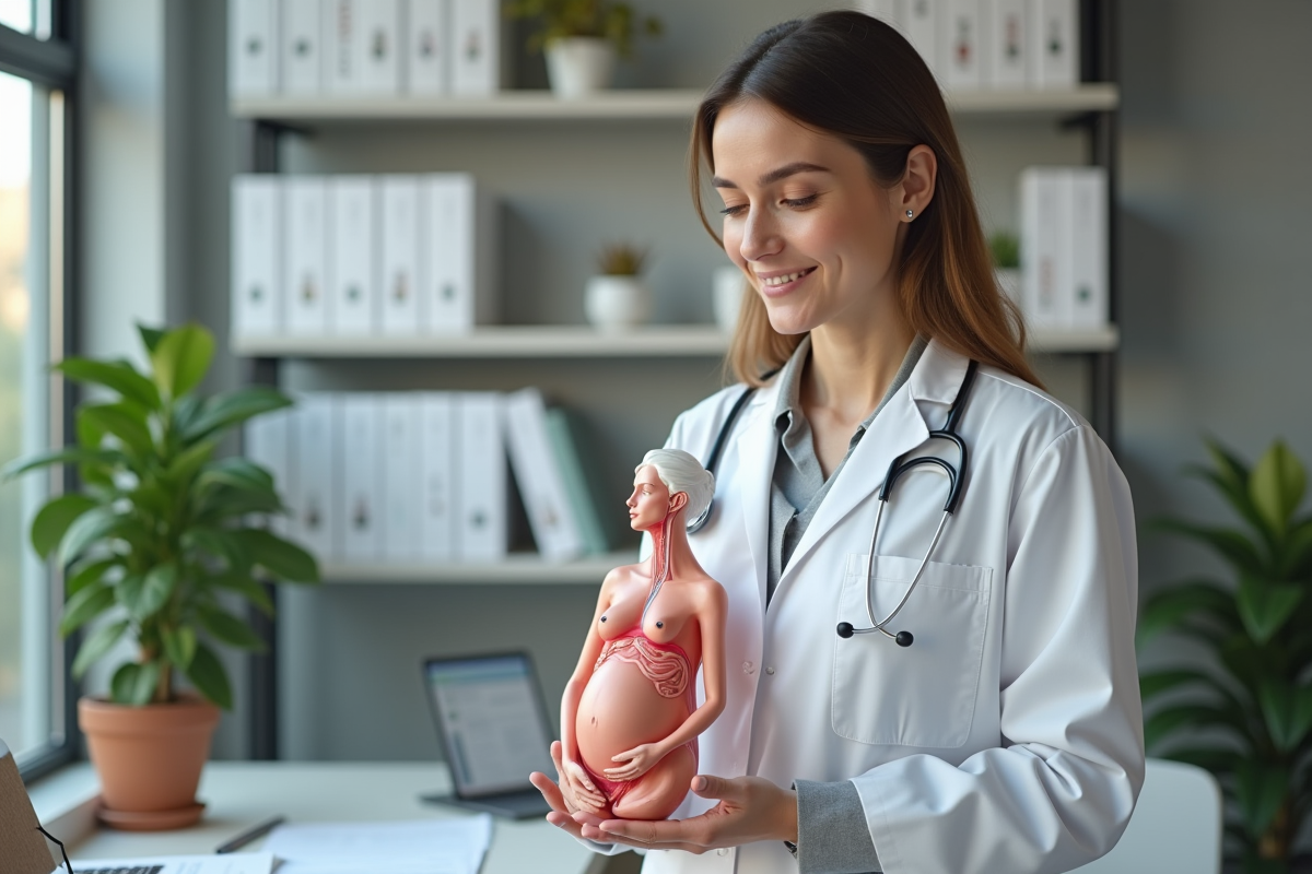 Medecin femme expliquant la fonction du placenta avec modele anatomique