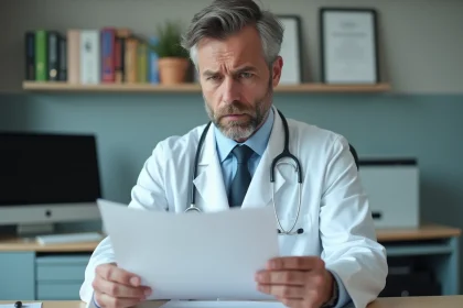 Medecin en blouse blanche examine documents dans bureau hospitalier