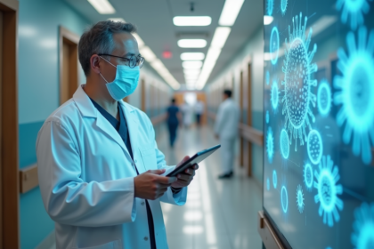 Medecin en blouse blanche observant un diagramme de virus