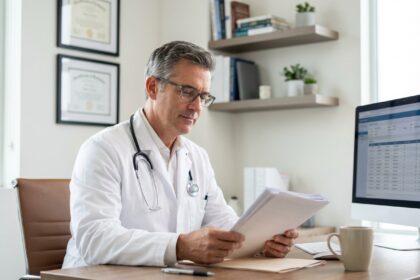Médecin homme en blouse blanche dans un bureau professionnel