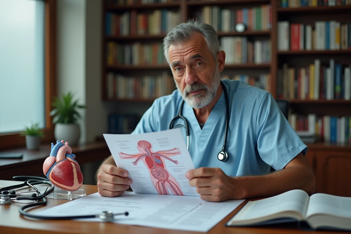 Médecin consultant un schéma du système circulatoire humain, en lien avec le volume de sang selon la masse corporelle