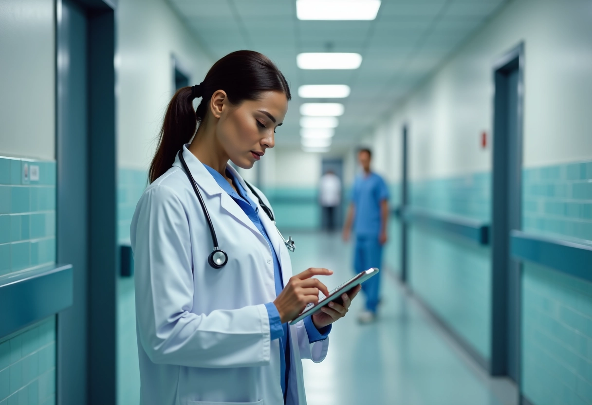 Medecin femme consulte guidelines sur tablette