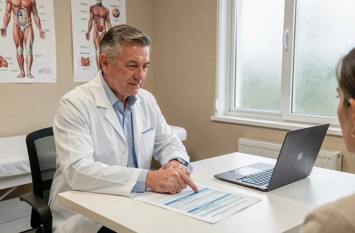 Médecin du travail expliquant le calcul de l'indemnité d'accident du travail ou de maladie professionnelle à un patient