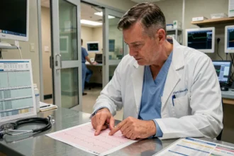 Médecin urgentiste analysant une bandelette ECG montrant des signes d'hypokaliémie aux urgences