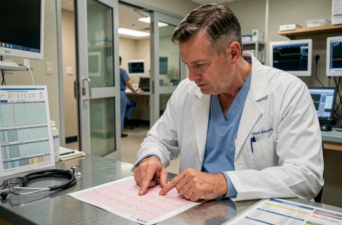 Médecin urgentiste analysant une bandelette ECG montrant des signes d'hypokaliémie aux urgences