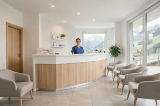 Vue d'ensemble d'un centre dentaire moderne en Haute-Savoie avec une réceptionniste professionnelle et un décor épuré aux accents montagnards