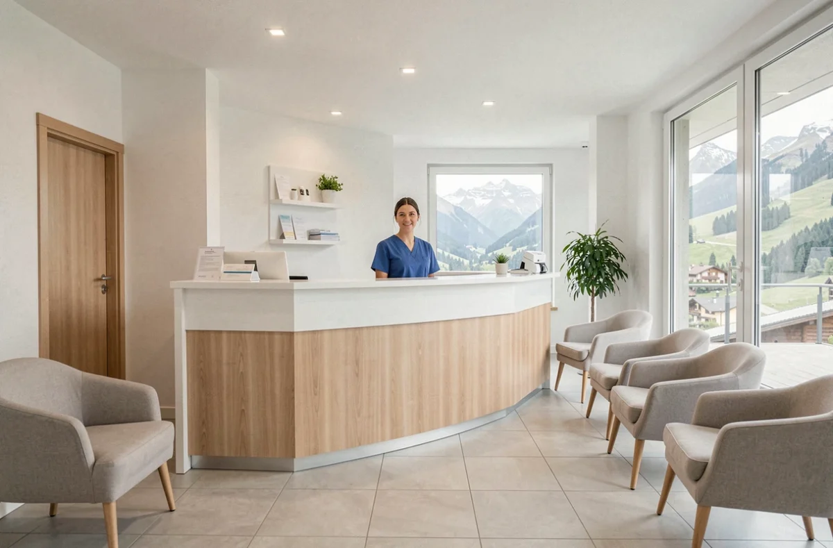 Vue d'ensemble d'un centre dentaire moderne en Haute-Savoie avec une réceptionniste professionnelle et un décor épuré aux accents montagnards