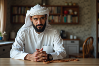 Musulman priant avec des perles dans une cuisine chaleureuse