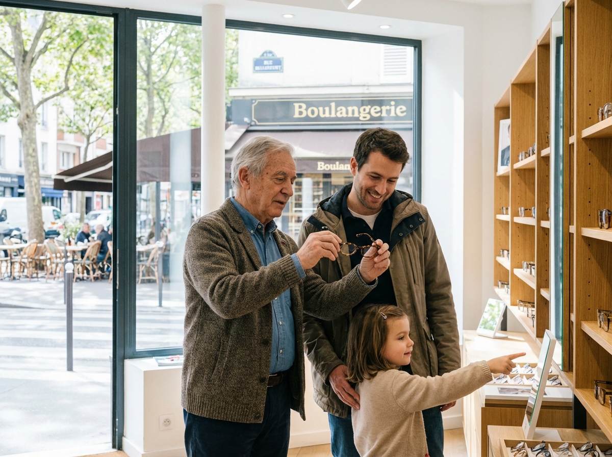 Opticien âgé montrant des montures à un père et sa fille dans une boutique