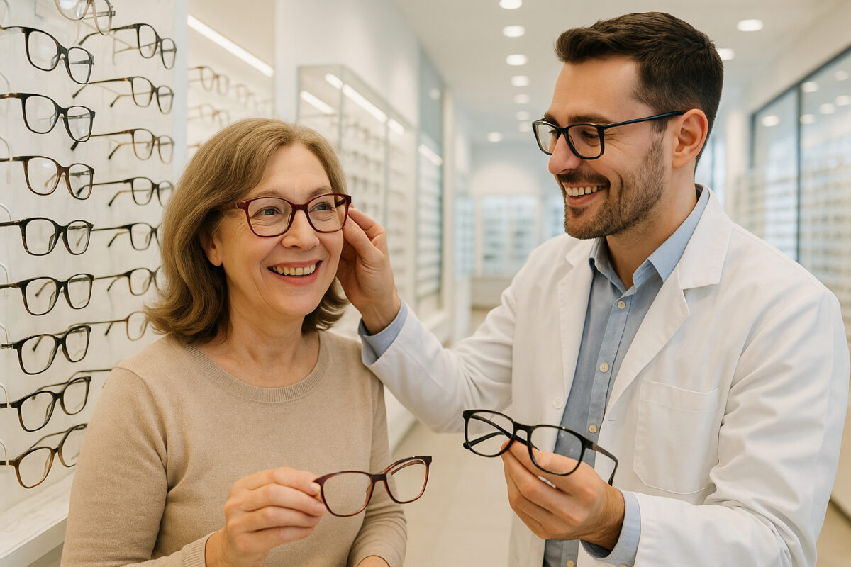 Opticien aidant une femme à choisir des lunettes dans un magasin lumineux