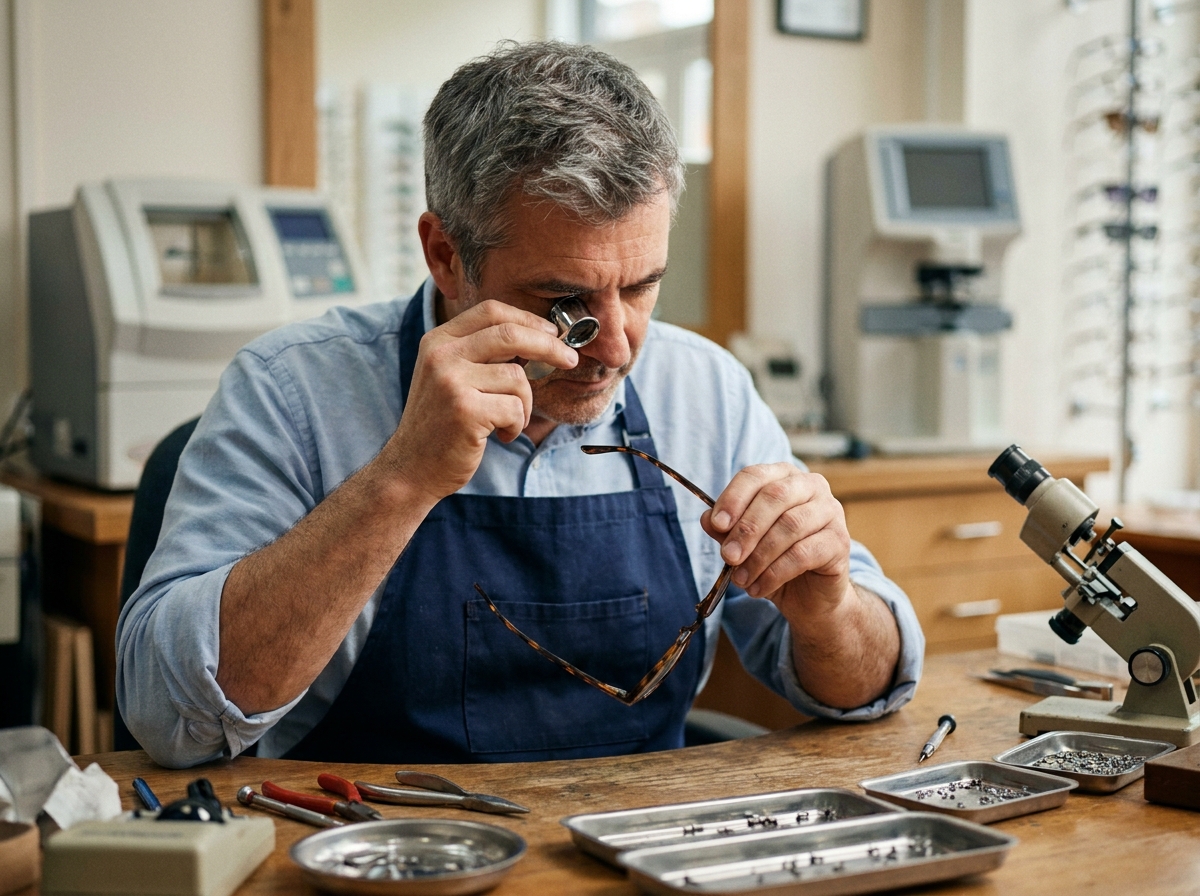 Opticien indépendant expert examinant une monture de lunettes avec une loupe dans son atelier de réparation