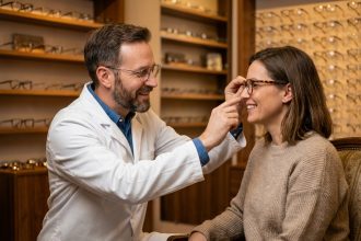 Opticien indépendant ajustant des lunettes sur une cliente dans une boutique d'optique chaleureuse et personnalisée