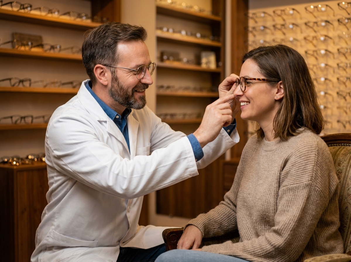 Opticien indépendant ajustant des lunettes sur une cliente dans une boutique d'optique chaleureuse et personnalisée