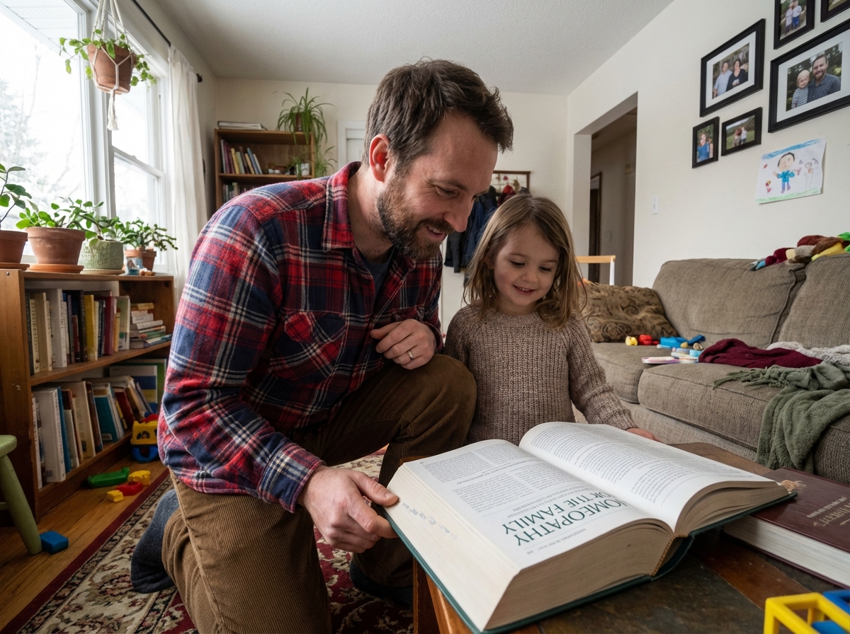 Père et fille consultent un livre d