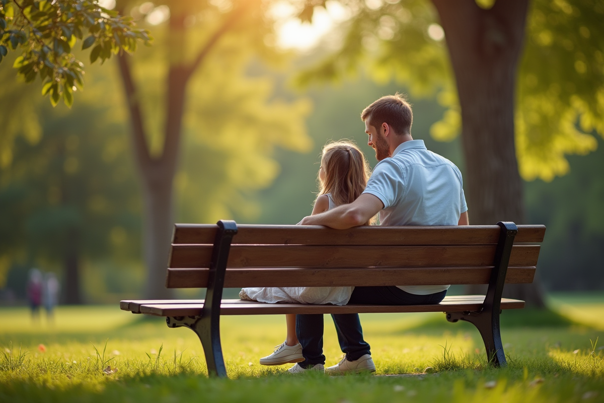 Pere et fille discutant sur un banc dans un parc