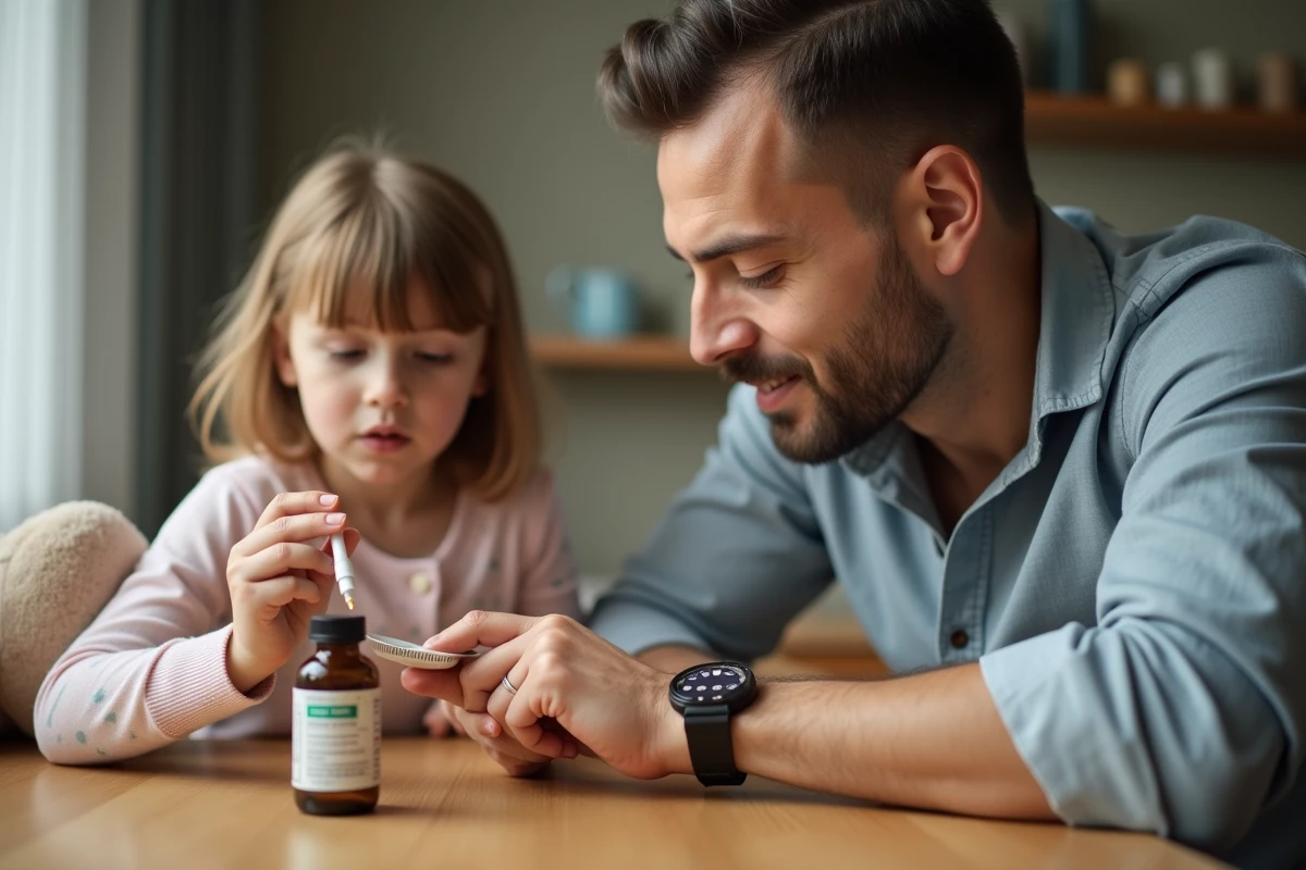 Père mesurant des gouttes de médicament pour sa fille