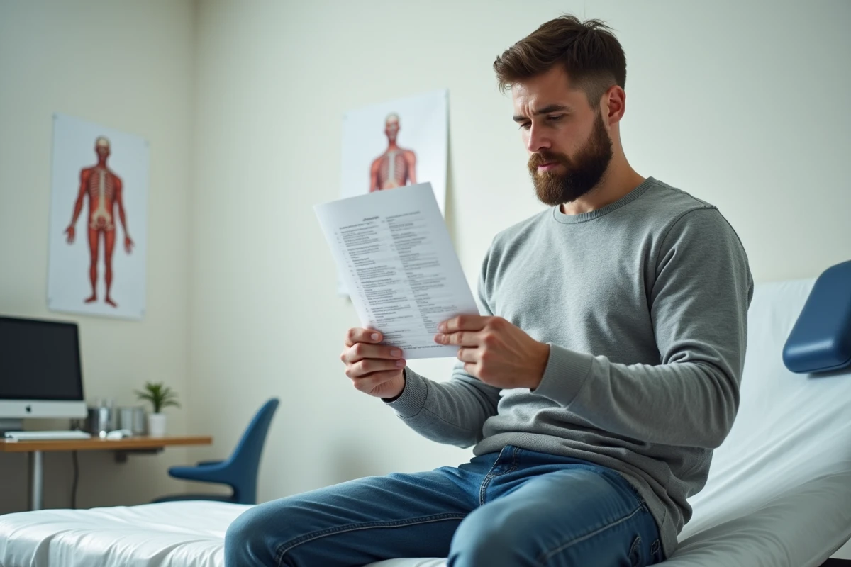 Patient lisant ses résultats de prise de sang avec taux de globules blancs élevé en salle de consultation