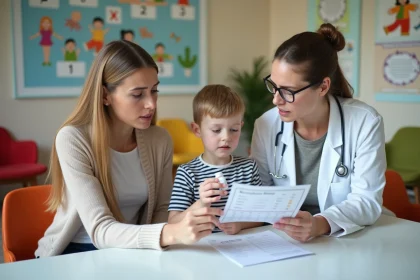 Pédiatre expliquant un dosage à une mère et son enfant