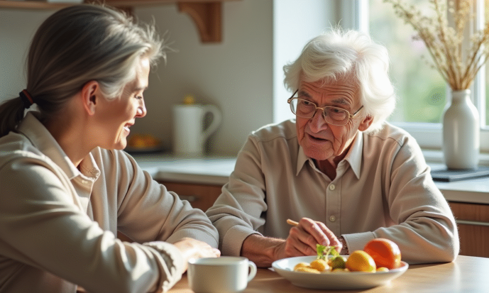 Personne âgée et jeune adulte partageant un repas sain pour diabète