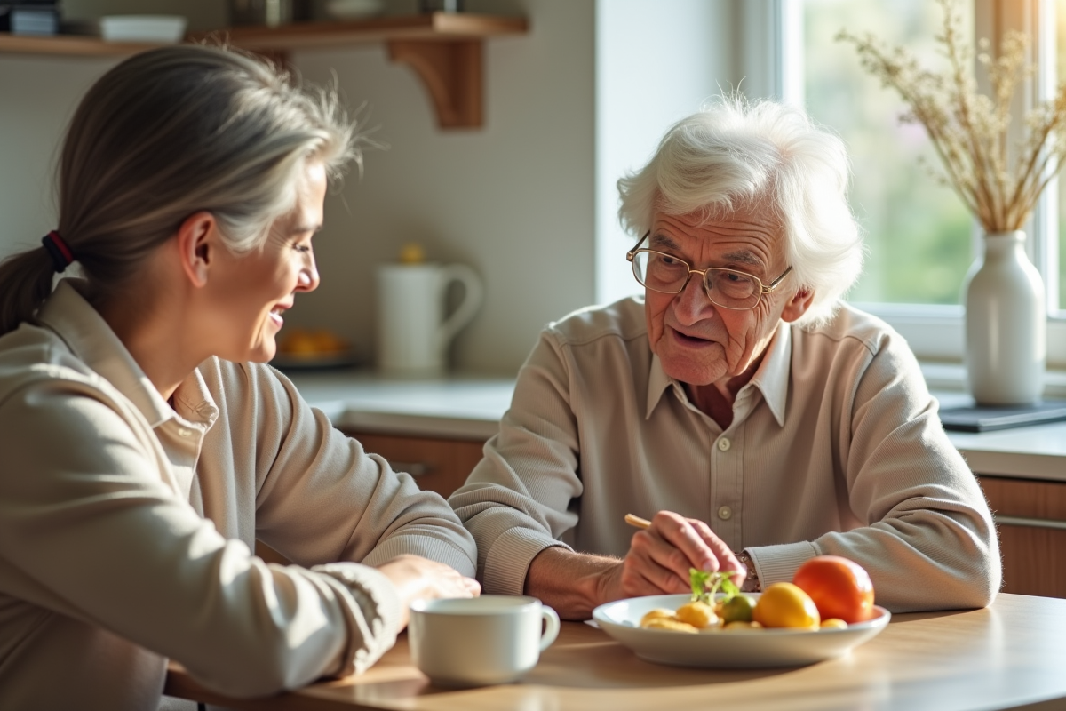 Personne âgée et jeune adulte partageant un repas sain pour diabète