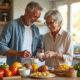 Couple senior préparant un petit déjeuner sain dans une cuisine lumineuse