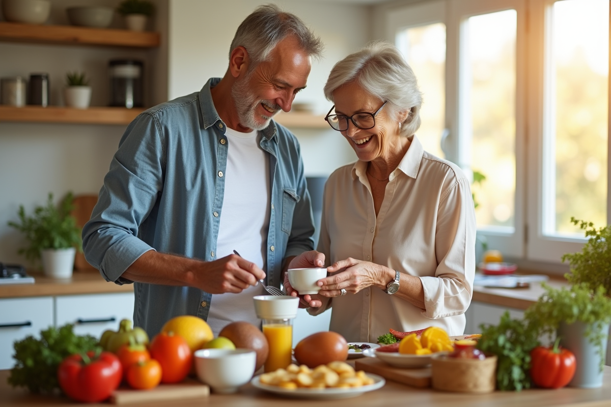 Couple senior préparant un petit déjeuner sain dans une cuisine lumineuse