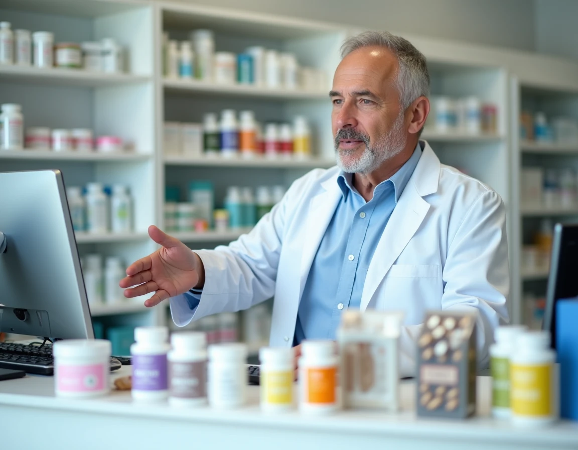 Pharmacien présentant des compléments de potassium au comptoir d'une pharmacie, erreurs courantes de supplémentation